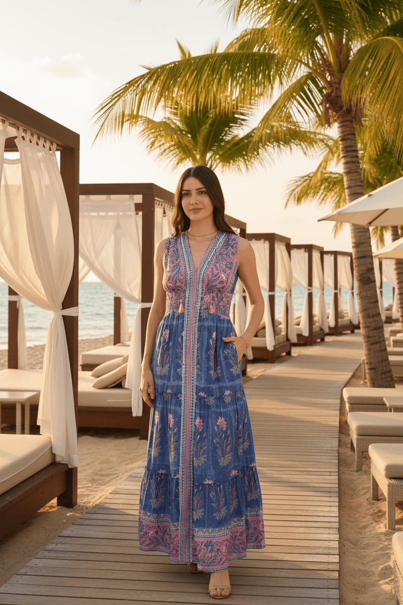 Woman wearing a blue and pink patterned dress.